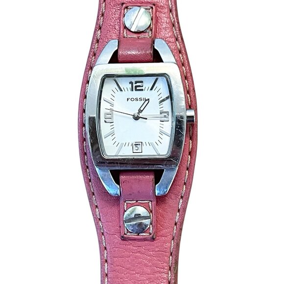 Fossil Silver Tone Dial Pink Leather Band Watch Bracelet‎ Y2K *READ* - Picture 3 of 12